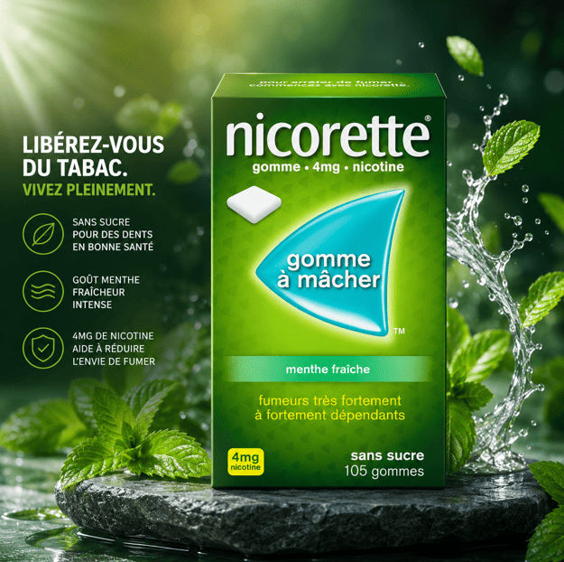 Chewing Gum Nicotine Nicorette 4mg au Maroc : Solution Efficace pour Arrêter de Fumer (105 gommes)